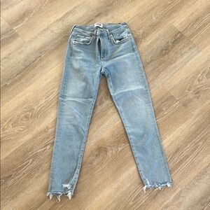 Agolde Blue Cropped Ankle Jeans with Distressed Hem